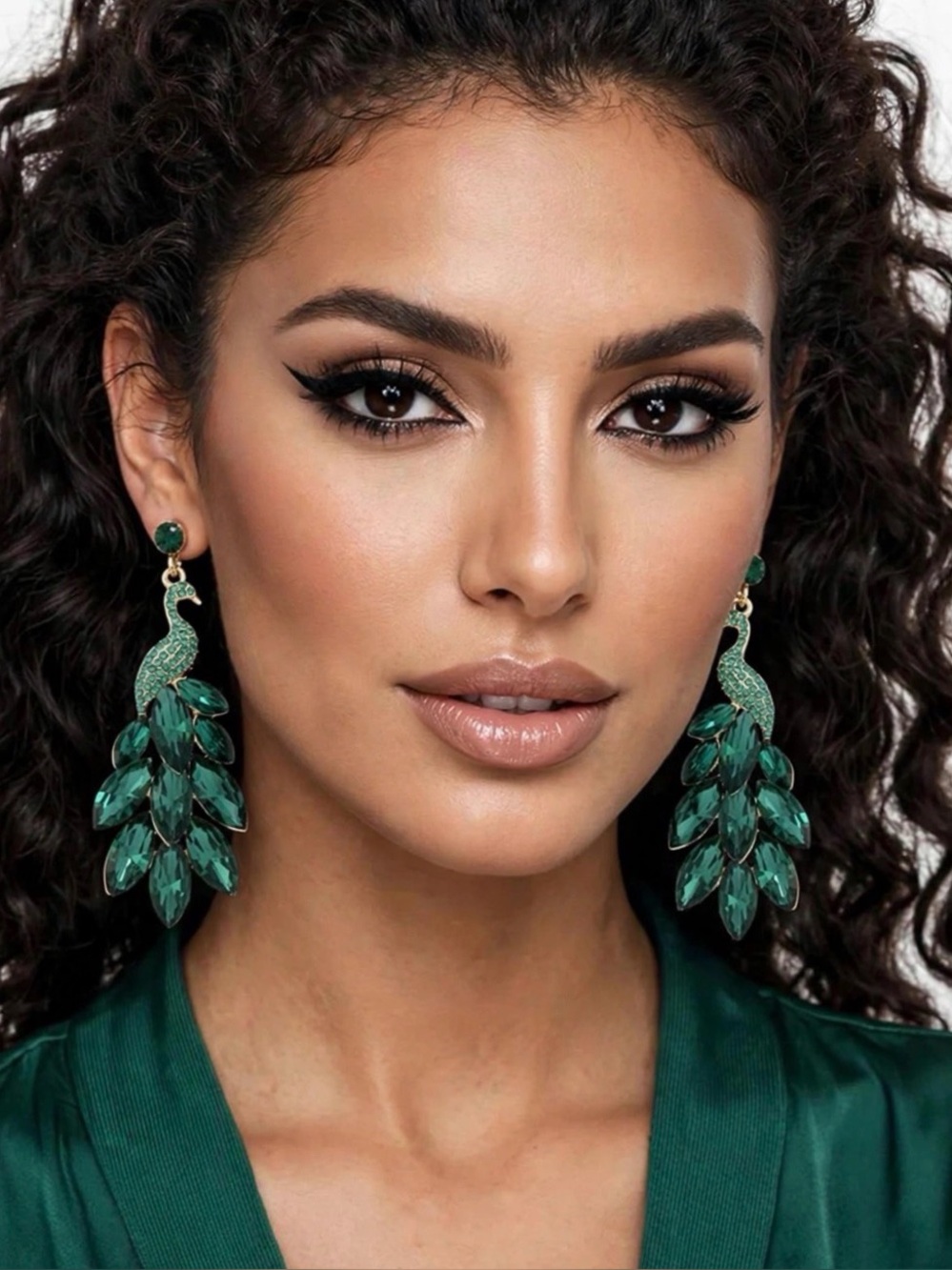 Emerald Green Peacock Crystal Statement Dangle Earrings in Goldtone